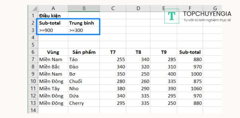 Ví dụ sử dụng Advanced Filter lọc dữ liệu theo điều kiện VÀ