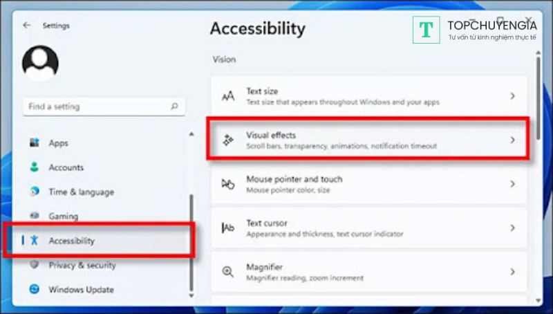 Chọn “Accessibility” bên trái, sau đó nhấp vào mục “Visual Effects”