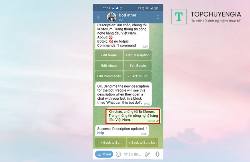 Cách tạo đoạn mô tả cho chatbot Telegram