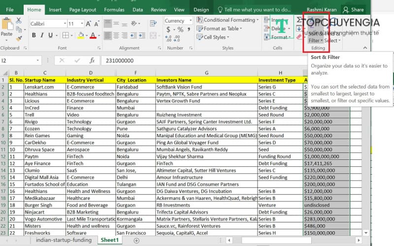 Chức năng Sort trong Excel
