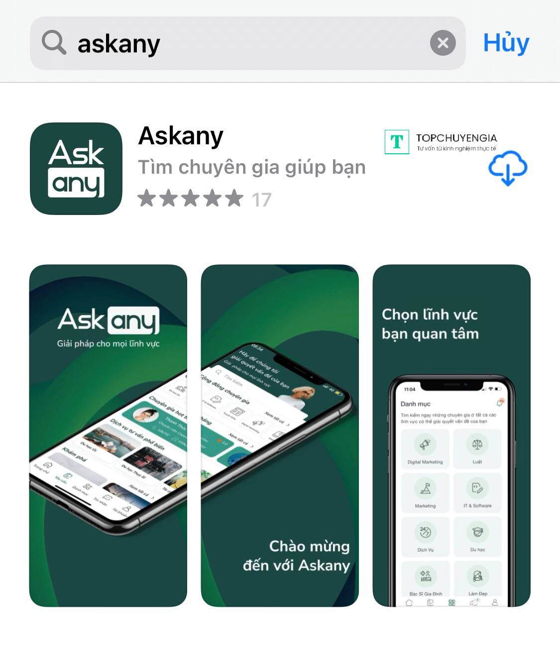 Truy cập vào kho ứng dụng App Store trên điện thoại iOS của bạn, tìm kiếm từ khóa "Askany"