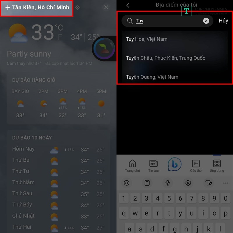 Cách xem thời tiết nhiều nơi cùng lúc trên Bing AI Android
